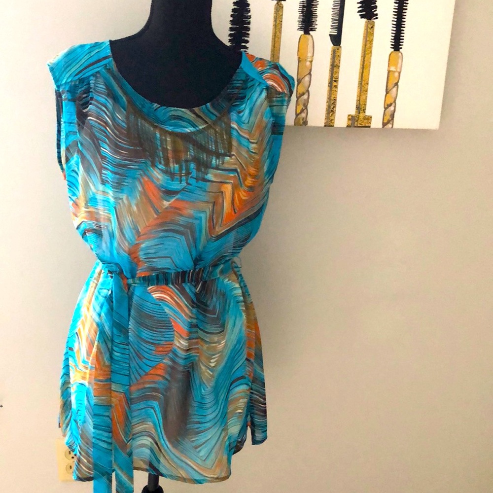 NWOT AGB brand sheer top aqua, orange with chain necklace detailing with belt